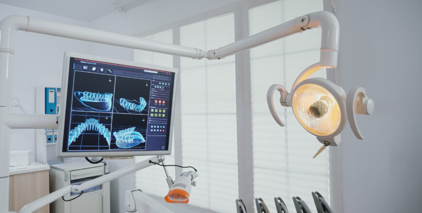 Revealing shot of empty stomatology orthodontic office with teeth xray diagnosis images